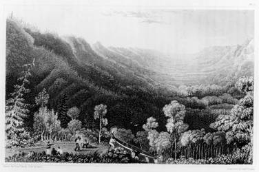 Udsigt fra en overfarten på Clearwater-floden, Canada, fra "Narrative of a Second Expedition to the Shore of the Polar Sea", graveret af Edward Finden, udgivet i 1828